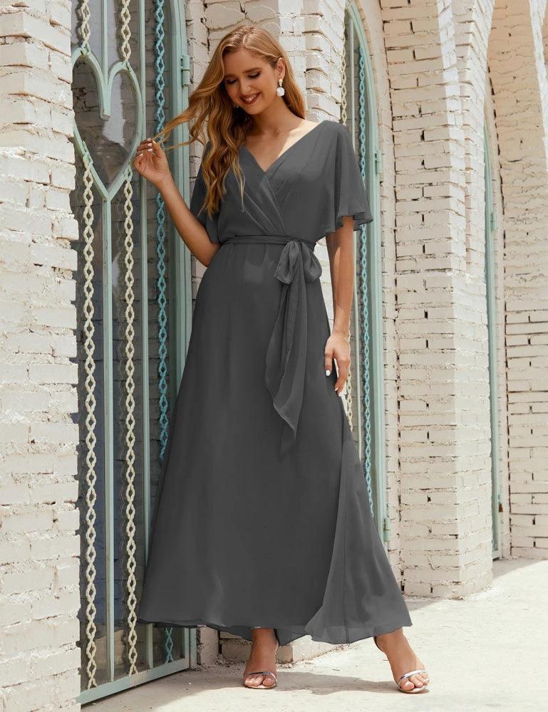 Numbersea V-Neck Bridesmaid Dress Long Formal Dresses with Belt for 28022 - Image 77