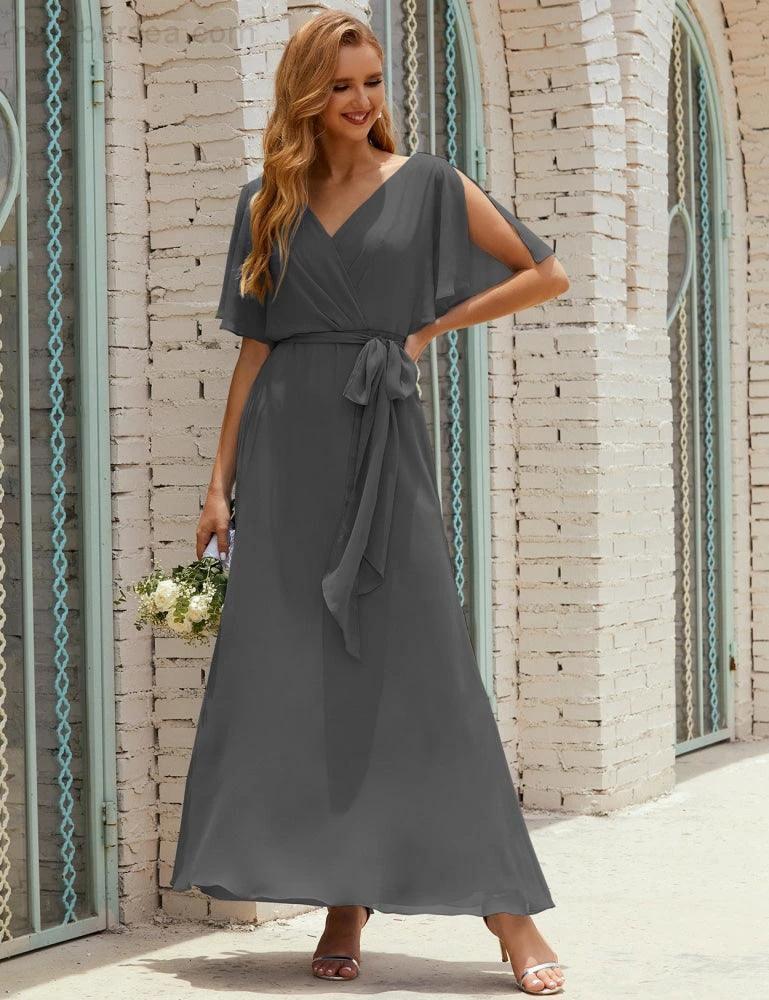Numbersea V-Neck Bridesmaid Dress Long Formal Dresses with Belt for 28022 - Image 79