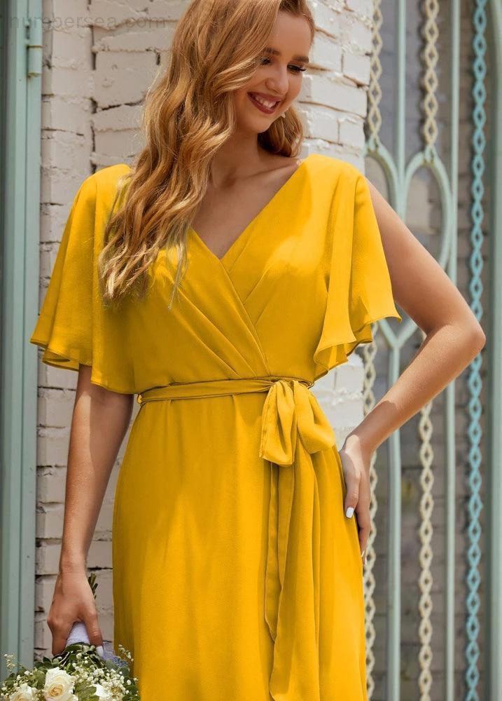 Numbersea V-Neck Bridesmaid Dress Long Formal Dresses with Belt for 28022 - Image 8