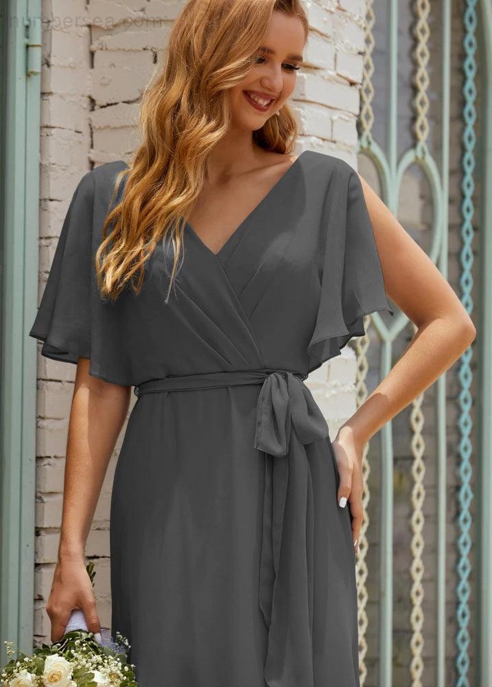 Numbersea V-Neck Bridesmaid Dress Long Formal Dresses with Belt for 28022 - Image 80