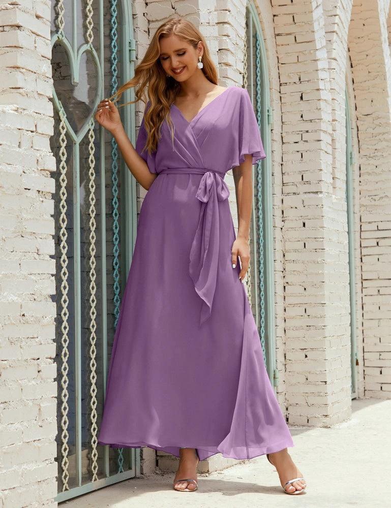 Numbersea V-Neck Bridesmaid Dress Long Formal Dresses with Belt for 28022 - Image 81