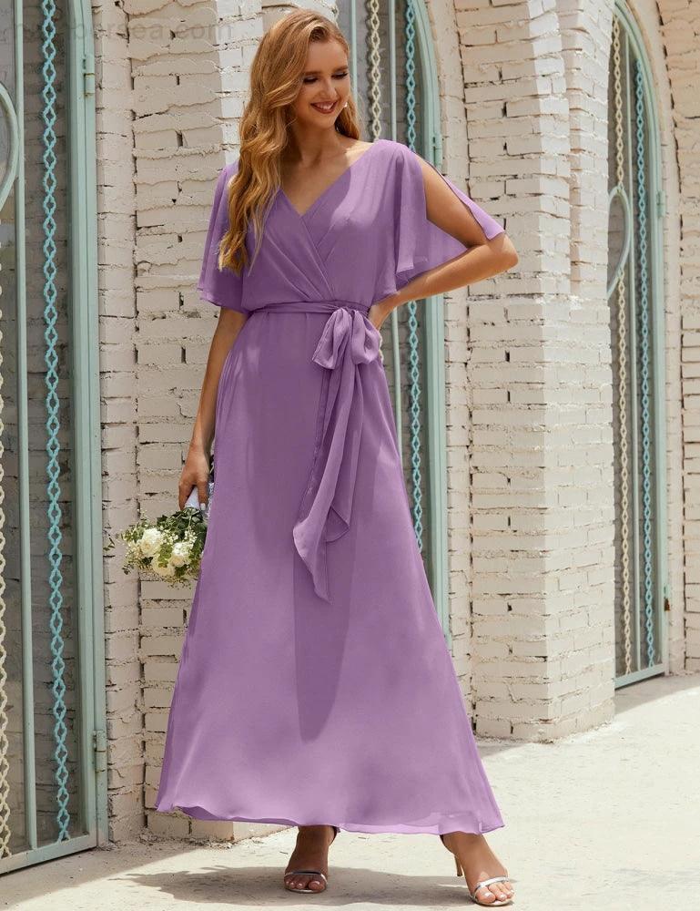 Numbersea V-Neck Bridesmaid Dress Long Formal Dresses with Belt for 28022 - Image 83
