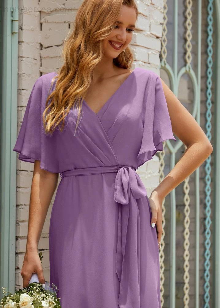 Numbersea V-Neck Bridesmaid Dress Long Formal Dresses with Belt for 28022 - Image 84