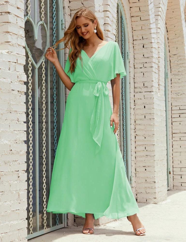 Numbersea V-Neck Bridesmaid Dress Long Formal Dresses with Belt for 28022 - Image 85