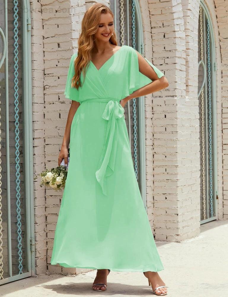 Numbersea V-Neck Bridesmaid Dress Long Formal Dresses with Belt for 28022 - Image 87