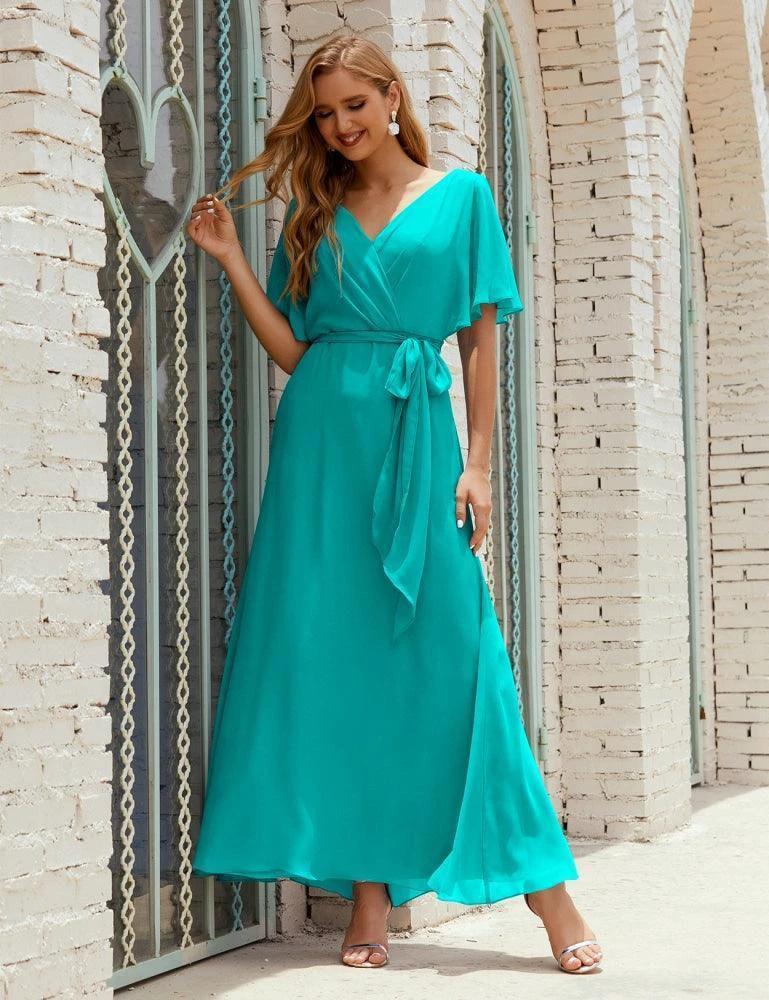 Numbersea V-Neck Bridesmaid Dress Long Formal Dresses with Belt for 28022 - Image 89
