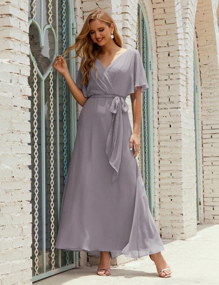 Numbersea V-Neck Bridesmaid Dress Long Formal Dresses with Belt for 28022 - Image 9