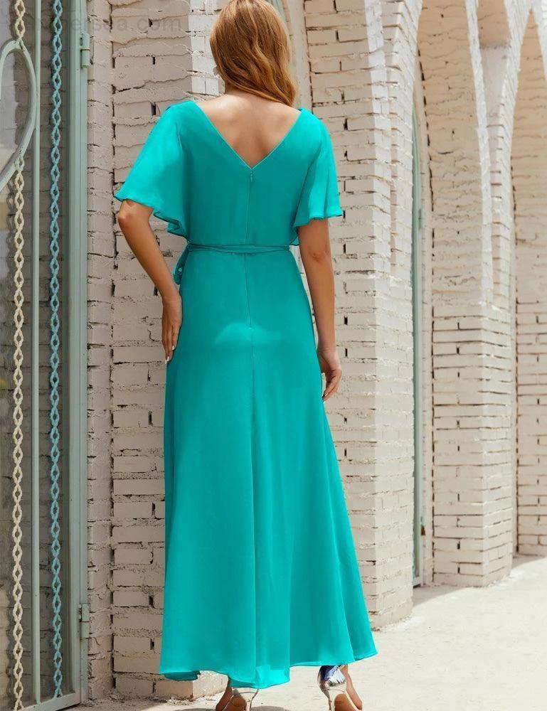 Numbersea V-Neck Bridesmaid Dress Long Formal Dresses with Belt for 28022 - Image 90