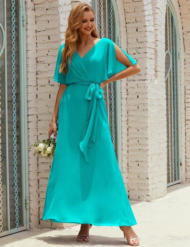 Numbersea V-Neck Bridesmaid Dress Long Formal Dresses with Belt for 28022 - Image 91