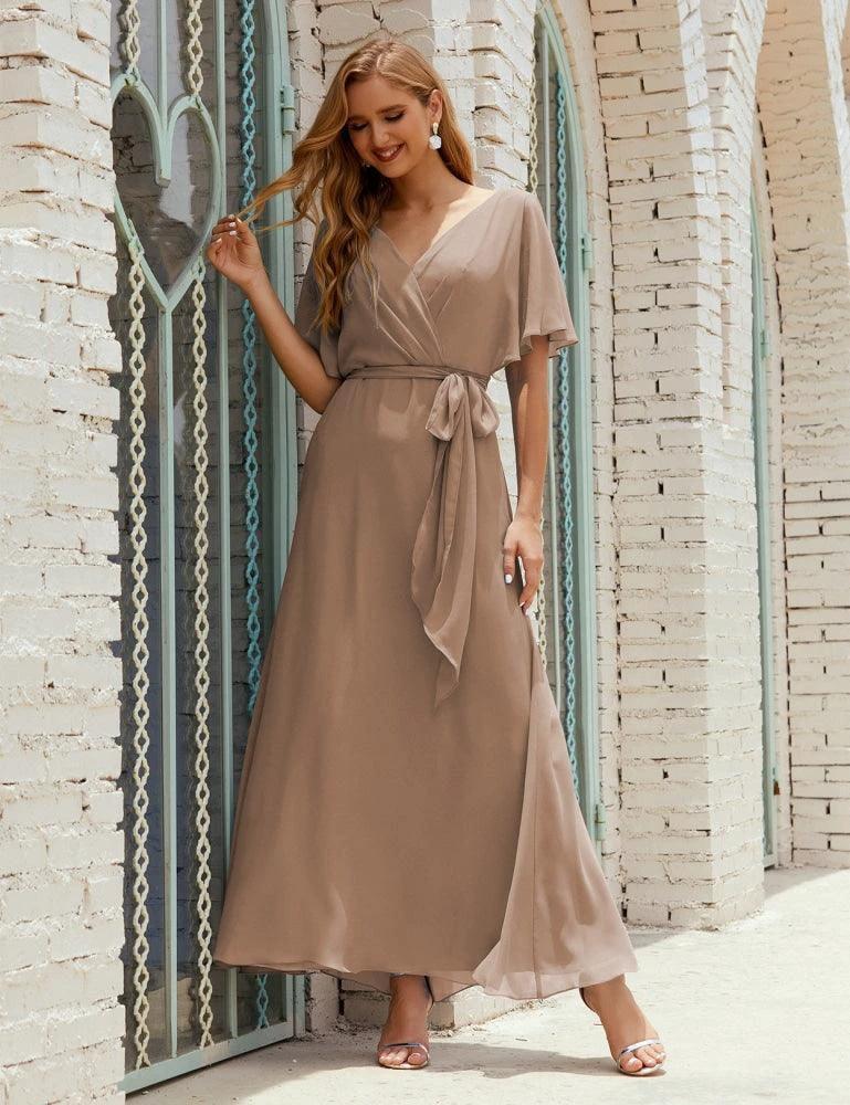 Numbersea V-Neck Bridesmaid Dress Long Formal Dresses with Belt for 28022 - Image 93