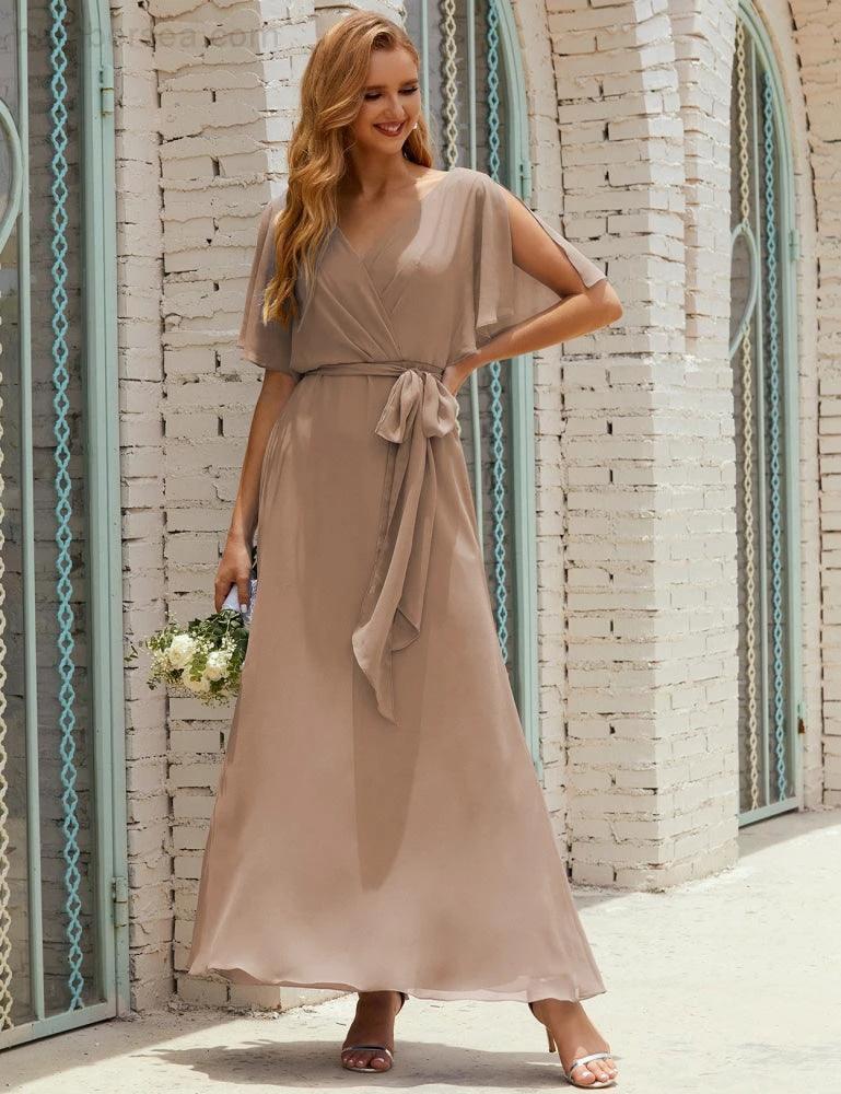 Numbersea V-Neck Bridesmaid Dress Long Formal Dresses with Belt for 28022 - Image 95