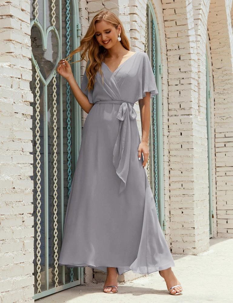 Numbersea V-Neck Bridesmaid Dress Long Formal Dresses with Belt for 28022 - Image 97