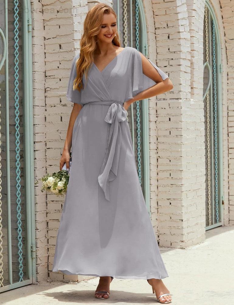 Numbersea V-Neck Bridesmaid Dress Long Formal Dresses with Belt for 28022 - Image 99