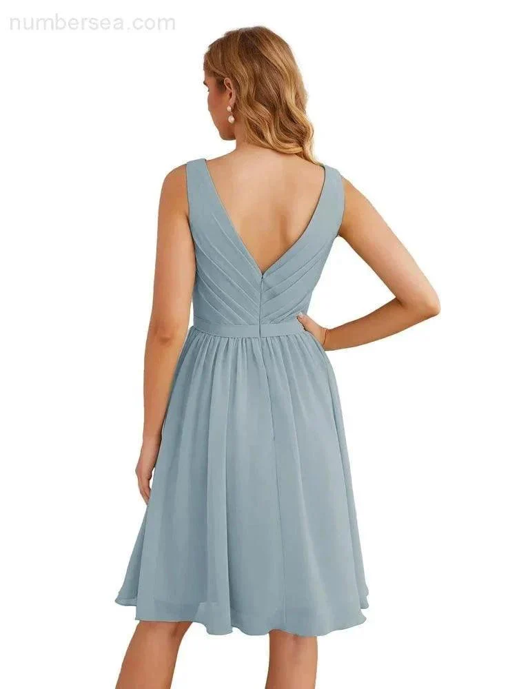Numbersea V-Neck Bridesmaid Dresses Chiffon Short Knee Length Formal Prom Gowns for Women Party Homecoming  SEA28062 - Image 15