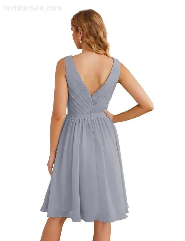 Numbersea V-Neck Bridesmaid Dresses Chiffon Short Knee Length Formal Prom Gowns for Women Party Homecoming  SEA28062 - Image 18
