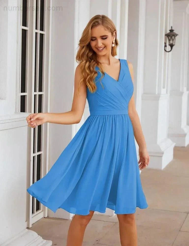 Numbersea V-Neck Bridesmaid Dresses Chiffon Short Knee Length Formal Prom Gowns for Women Party Homecoming  SEA28062 - Image 2