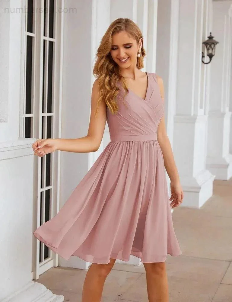 Numbersea V-Neck Bridesmaid Dresses Chiffon Short Knee Length Formal Prom Gowns for Women Party Homecoming  SEA28062 - Image 36