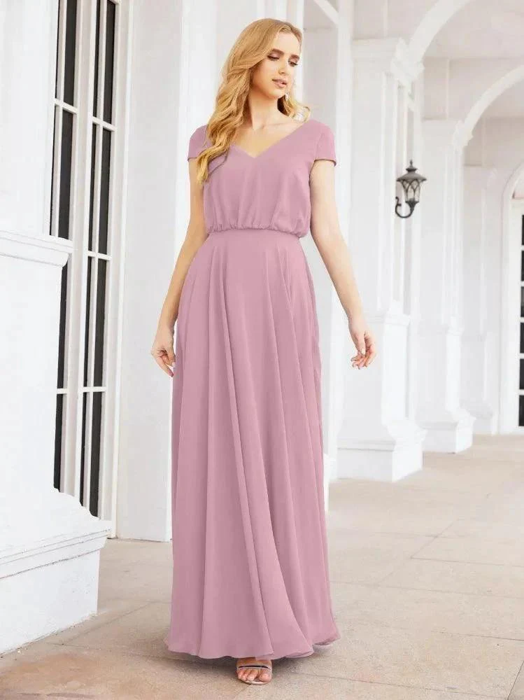 Numbersea V-Neck Bridesmaid Dresses Long Cap Sleeves Prom Evening Formal Gowns 28071