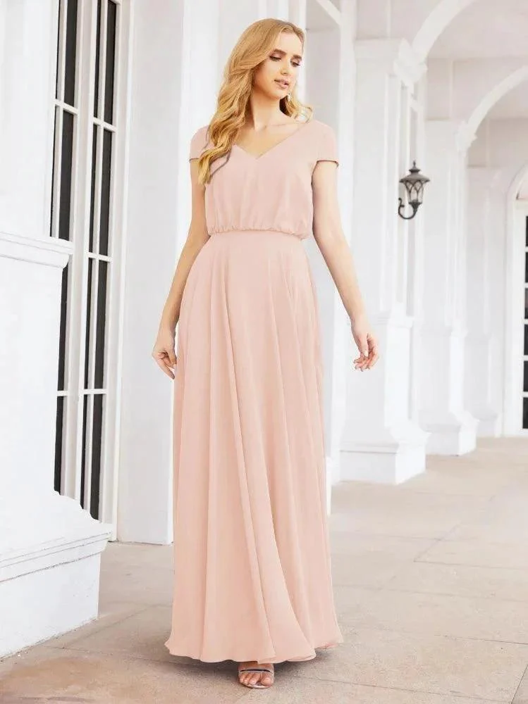Numbersea V-Neck Bridesmaid Dresses Long Cap Sleeves Prom Evening Formal Gowns 28071 - Image 16