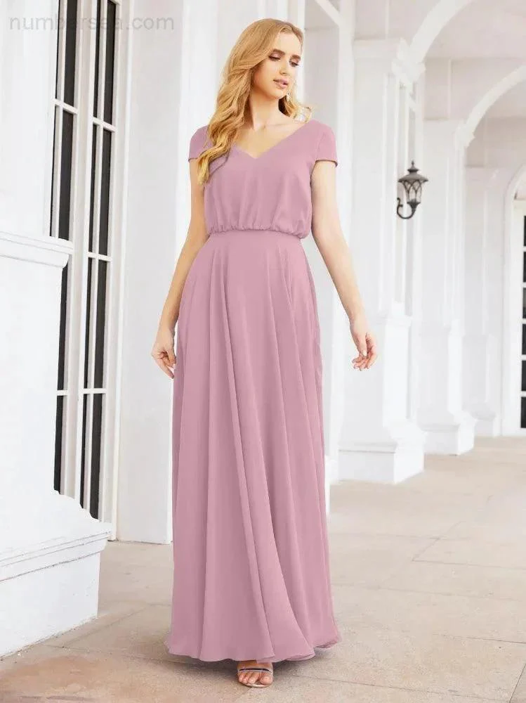 Numbersea V-Neck Bridesmaid Dresses Long Cap Sleeves Prom Evening Formal Gowns 28071 - Image 2