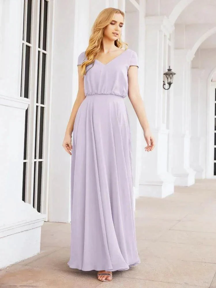 Numbersea V-Neck Bridesmaid Dresses Long Cap Sleeves Prom Evening Formal Gowns 28071 - Image 28