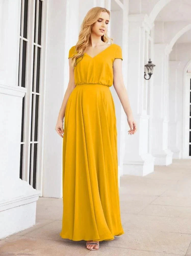 Numbersea V-Neck Bridesmaid Dresses Long Cap Sleeves Prom Evening Formal Gowns 28071 - Image 4