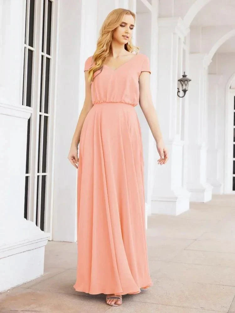 Numbersea V-Neck Bridesmaid Dresses Long Cap Sleeves Prom Evening Formal Gowns 28071 - Image 58