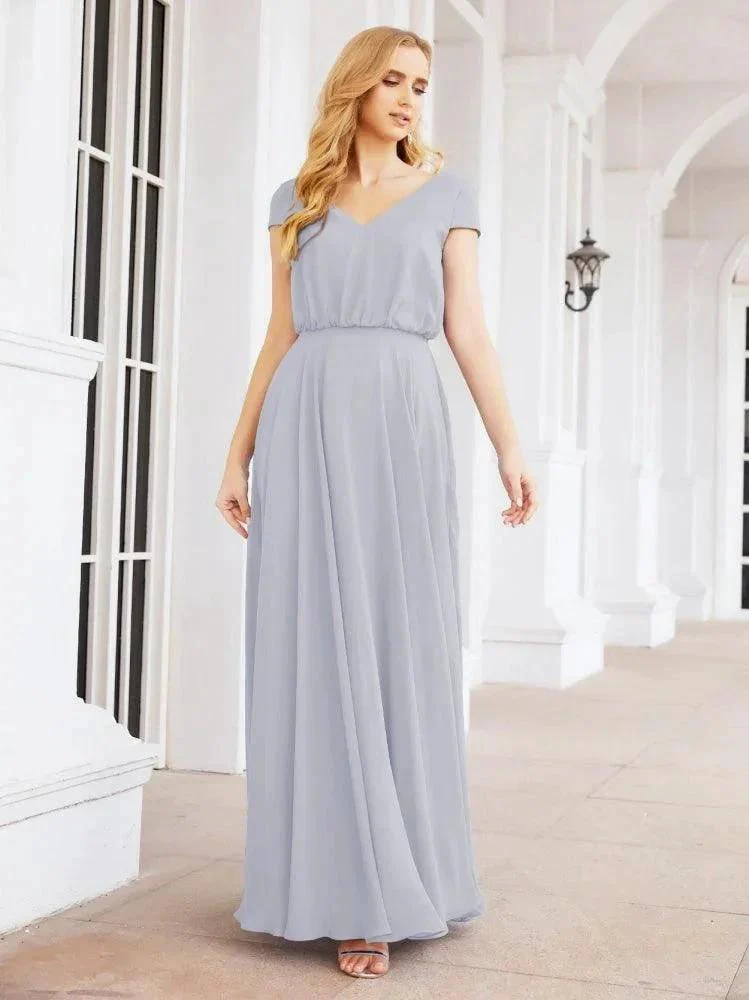 Numbersea V-Neck Bridesmaid Dresses Long Cap Sleeves Prom Evening Formal Gowns 28071 - Image 6