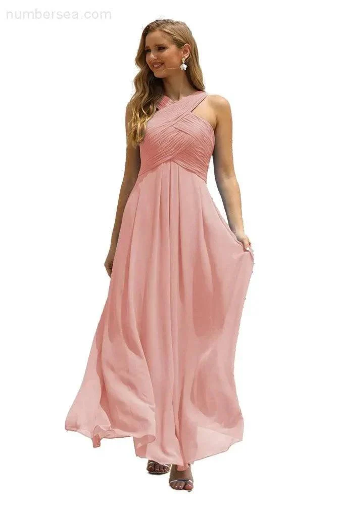 Numbersea Women Halter Chiffon Bridesmaid Dress A-line Long Formal Prom Gown SEA28015 - Image 141