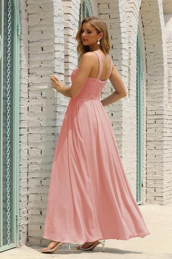 Numbersea Women Halter Chiffon Bridesmaid Dress A-line Long Formal Prom Gown SEA28015 - Image 145