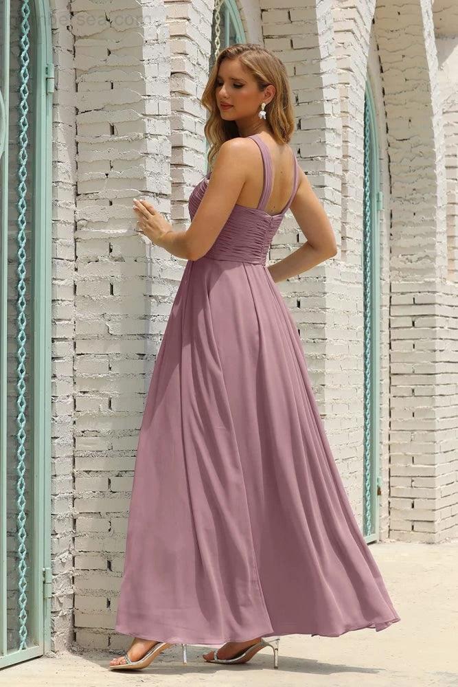 Numbersea Women Halter Chiffon Bridesmaid Dress A-line Long Formal Prom Gown SEA28015 - Image 51