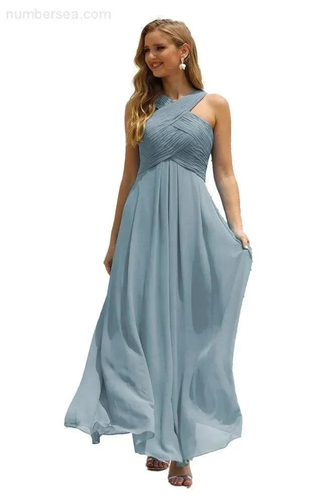 Numbersea Women Halter Chiffon Bridesmaid Dress A-line Long Formal Prom Gown SEA28015 - Image 9