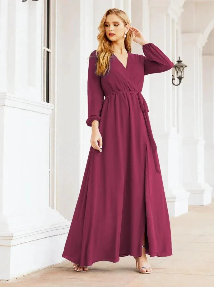 Sunnderly Women's Chiffon Bridesmaid Dress A line Long Sleeves Formal Evening Prom Gown for Wedding Guest SY28032 - Image 100