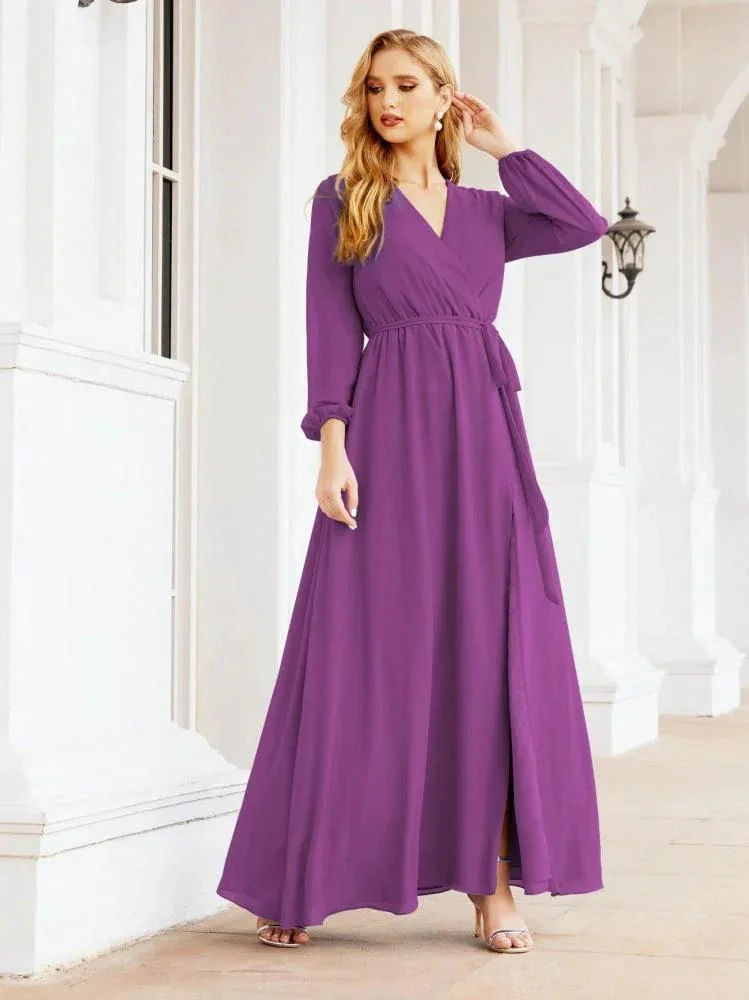 Sunnderly Women's Chiffon Bridesmaid Dress A line Long Sleeves Formal Evening Prom Gown for Wedding Guest SY28032 - Image 106