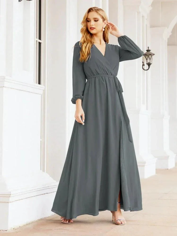 Sunnderly Women's Chiffon Bridesmaid Dress A line Long Sleeves Formal Evening Prom Gown for Wedding Guest SY28032 - Image 112