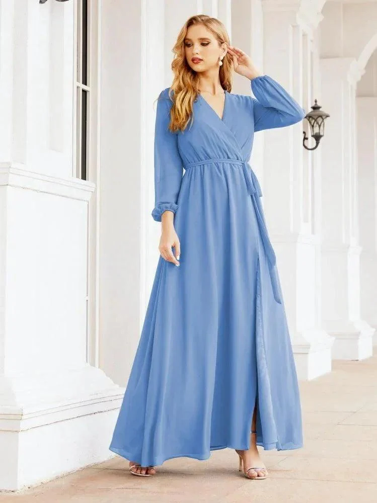 Sunnderly Women's Chiffon Bridesmaid Dress A line Long Sleeves Formal Evening Prom Gown for Wedding Guest SY28032 - Image 28