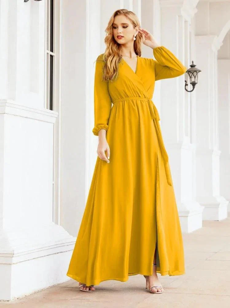 Sunnderly Women's Chiffon Bridesmaid Dress A line Long Sleeves Formal Evening Prom Gown for Wedding Guest SY28032 - Image 4