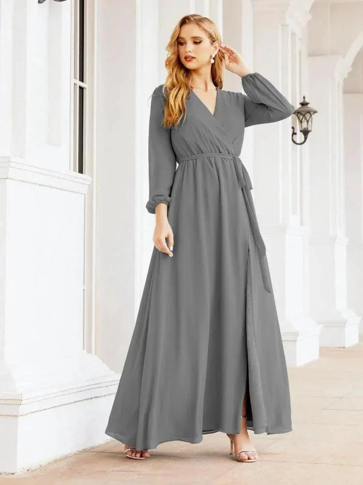 Sunnderly Women's Chiffon Bridesmaid Dress A line Long Sleeves Formal Evening Prom Gown for Wedding Guest SY28032 - Image 58