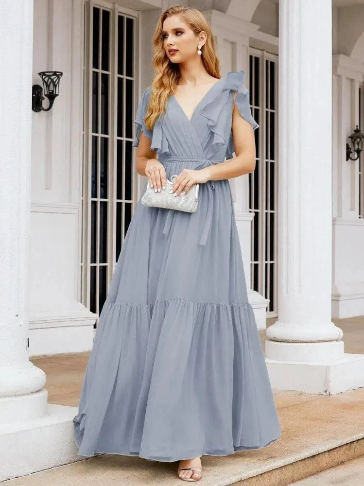 Numbersea Women's Open Back Formal Evening Party Prom Gowns V-Neck Long Chiffon Bridesmaid Dresses with Waist Belt 28038 - Image 10