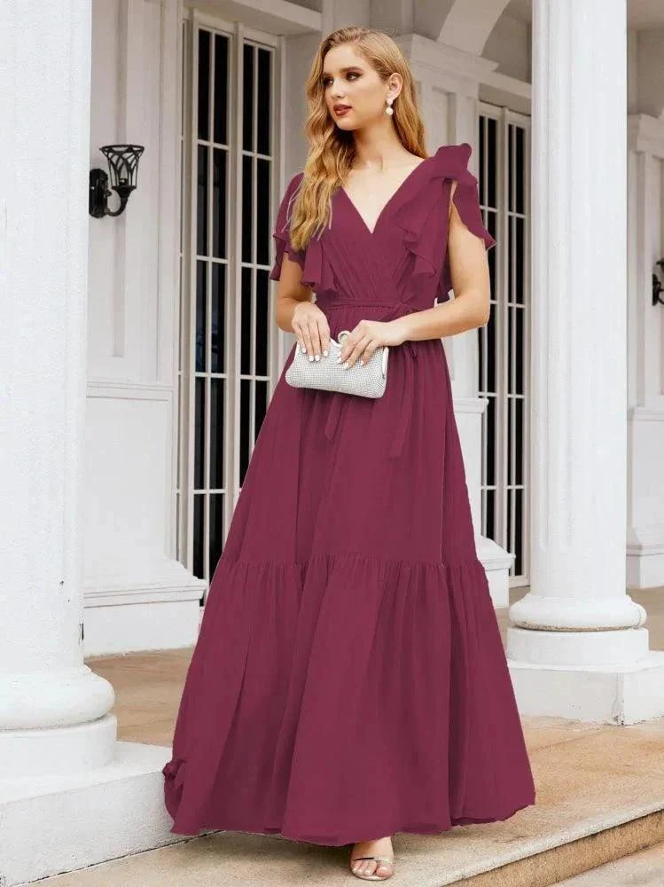 Numbersea Women's Open Back Formal Evening Party Prom Gowns V-Neck Long Chiffon Bridesmaid Dresses with Waist Belt 28038 - Image 100