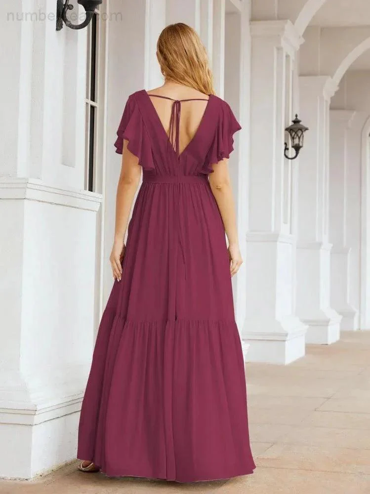 Numbersea Women's Open Back Formal Evening Party Prom Gowns V-Neck Long Chiffon Bridesmaid Dresses with Waist Belt 28038 - Image 101