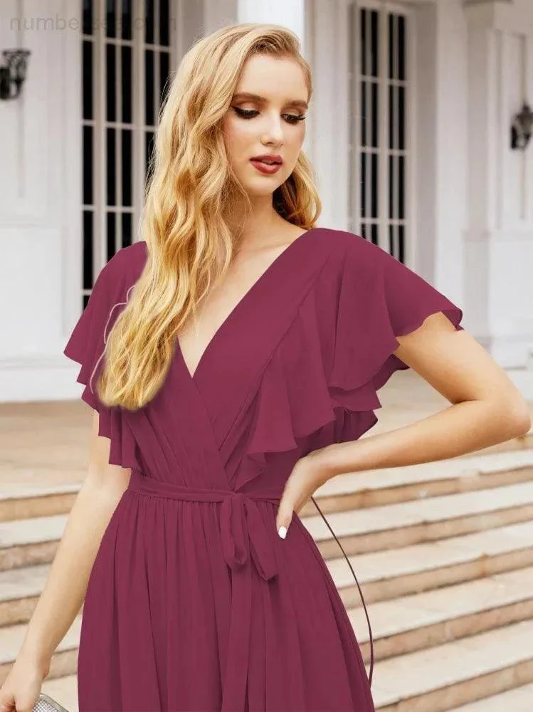 Numbersea Women's Open Back Formal Evening Party Prom Gowns V-Neck Long Chiffon Bridesmaid Dresses with Waist Belt 28038 - Image 102