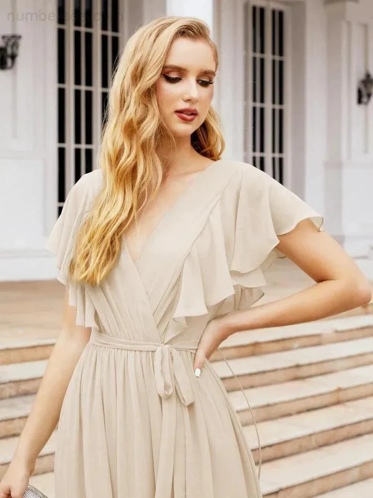 Numbersea Women's Open Back Formal Evening Party Prom Gowns V-Neck Long Chiffon Bridesmaid Dresses with Waist Belt 28038 - Image 105