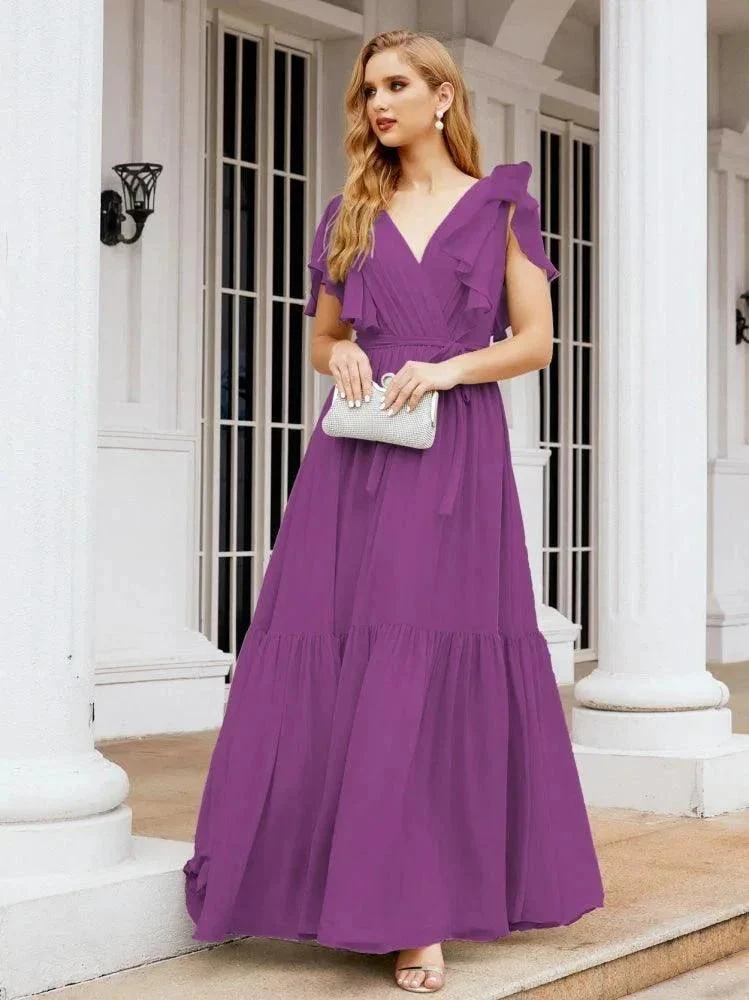 Numbersea Women's Open Back Formal Evening Party Prom Gowns V-Neck Long Chiffon Bridesmaid Dresses with Waist Belt 28038 - Image 106