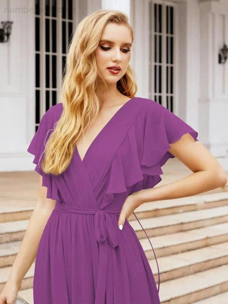 Numbersea Women's Open Back Formal Evening Party Prom Gowns V-Neck Long Chiffon Bridesmaid Dresses with Waist Belt 28038 - Image 108