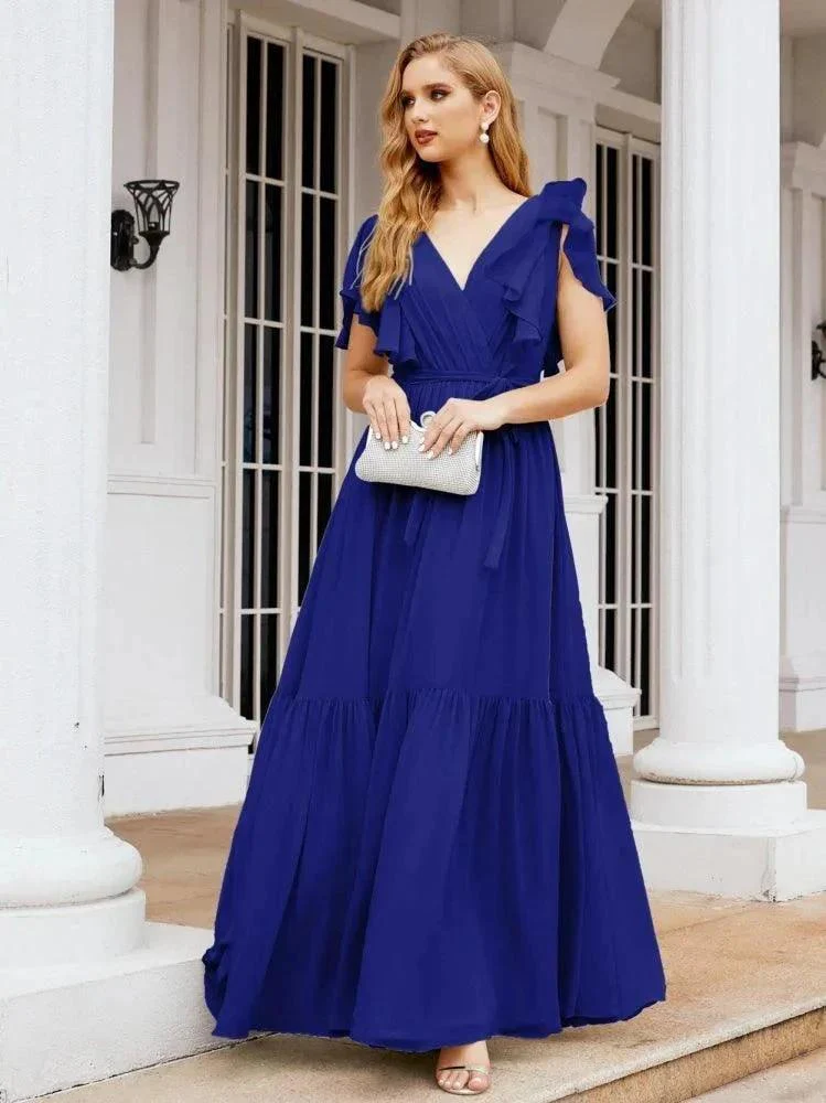 Numbersea Women's Open Back Formal Evening Party Prom Gowns V-Neck Long Chiffon Bridesmaid Dresses with Waist Belt 28038 - Image 109