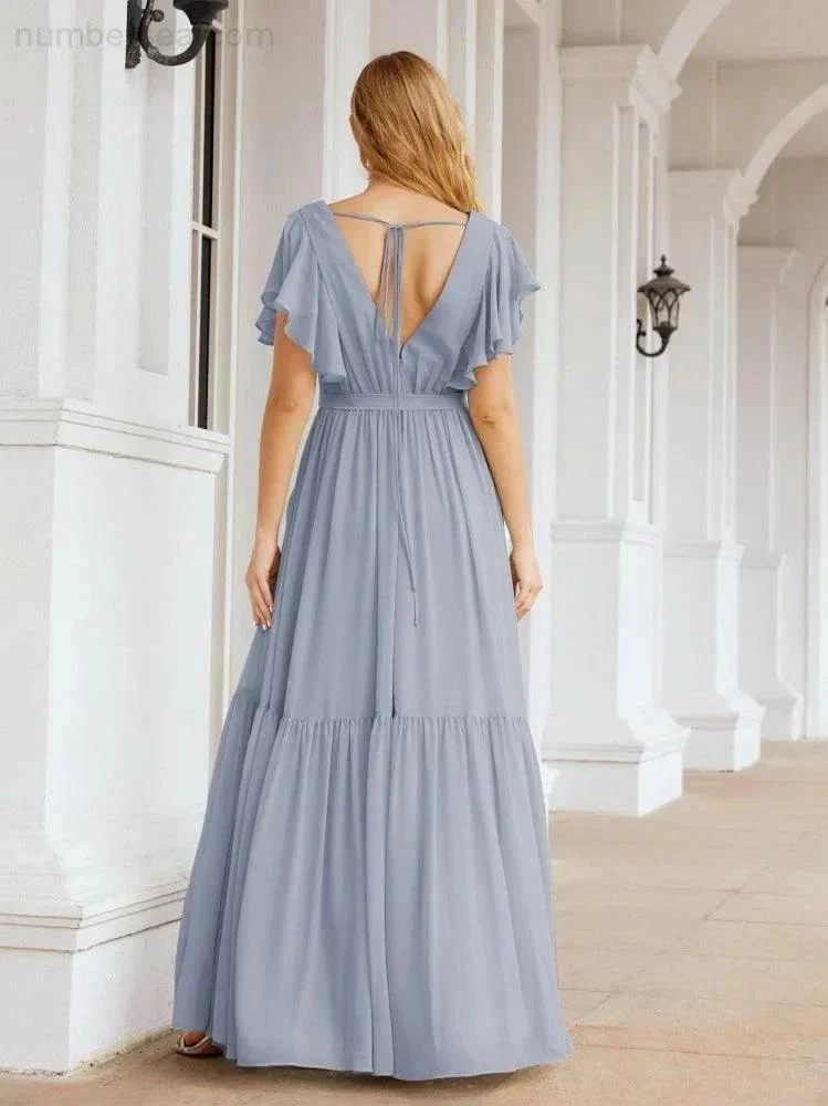 Numbersea Women's Open Back Formal Evening Party Prom Gowns V-Neck Long Chiffon Bridesmaid Dresses with Waist Belt 28038 - Image 11