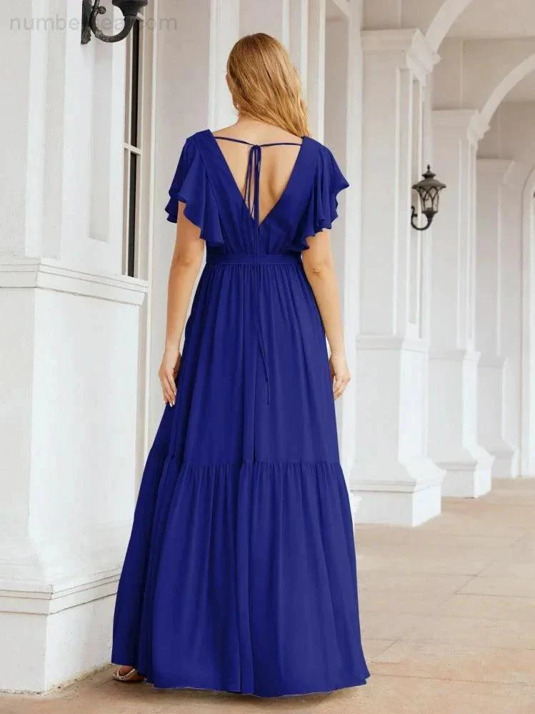 Numbersea Women's Open Back Formal Evening Party Prom Gowns V-Neck Long Chiffon Bridesmaid Dresses with Waist Belt 28038 - Image 110