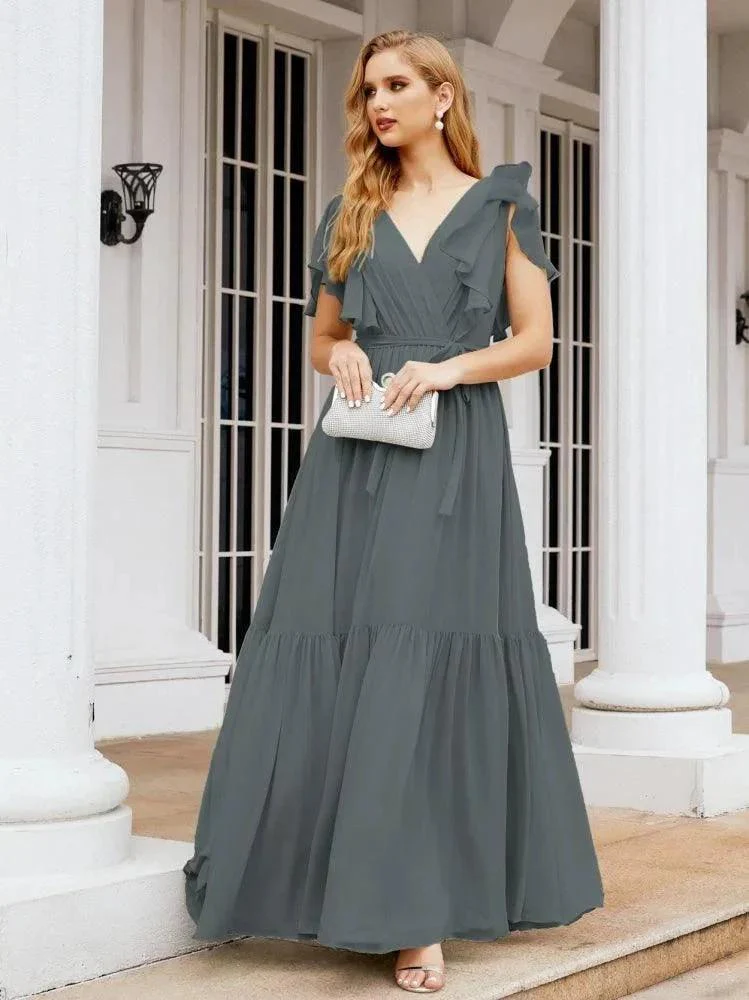 Numbersea Women's Open Back Formal Evening Party Prom Gowns V-Neck Long Chiffon Bridesmaid Dresses with Waist Belt 28038 - Image 112