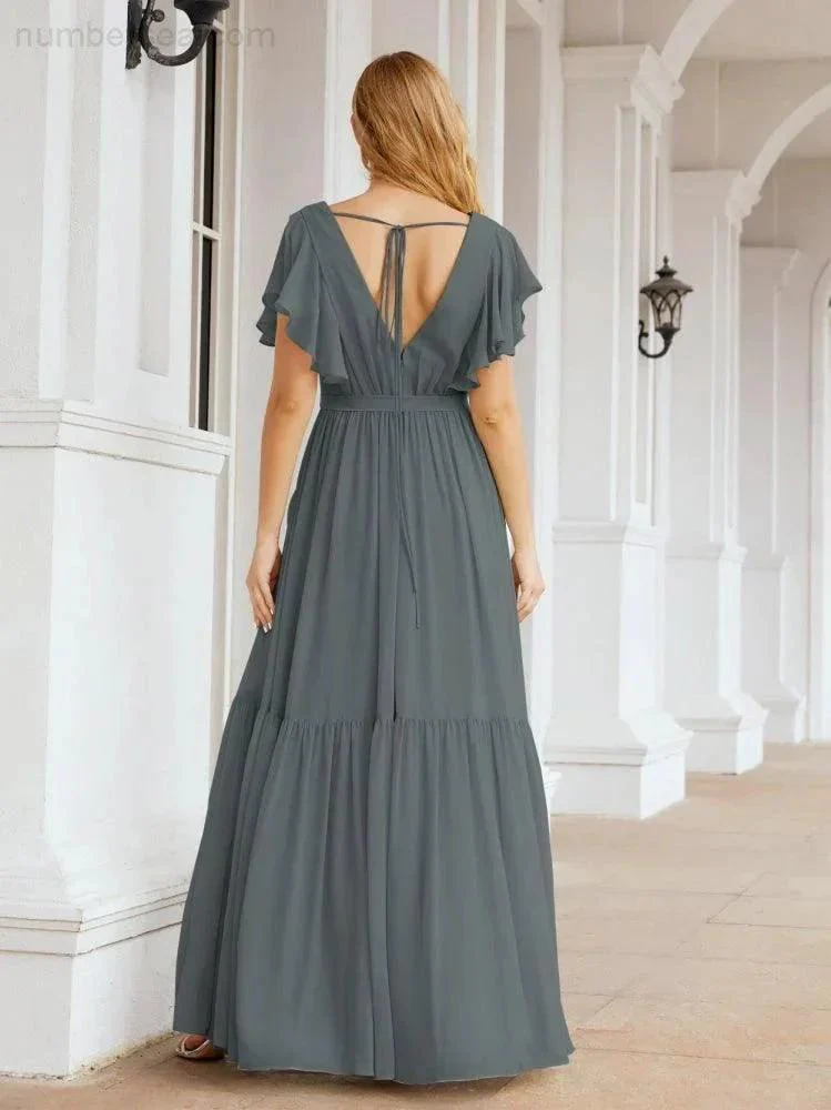 Numbersea Women's Open Back Formal Evening Party Prom Gowns V-Neck Long Chiffon Bridesmaid Dresses with Waist Belt 28038 - Image 113